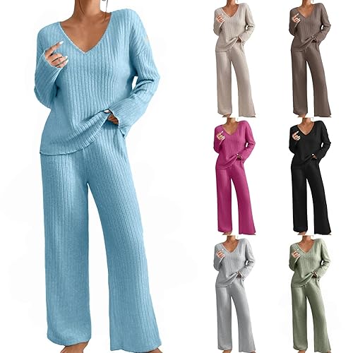 peiaclkde Womens Pyjamas Set Ribbed Loungewear Sets For Women V Neck Pullover Top Sweater And Wide Leg Trousers 2 Piece Knit Outfits Pjs Solid Color Co Ord Sets Comfy Warm Thermal Pyjamas Sleepwear