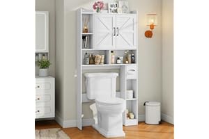 VABCHES Over The Toilet Storage Cabinet, Farmhouse Storage Cabinet Over Toilet with 2 Barn Door & Toilet Paper Holder Stand，Home Space-Saving Toilet Rack, for Bathroom, Restroom, Laundry