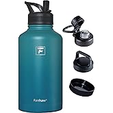 Fanhaw 64 oz Insulated Water Bottle – Large Stainless Steel Jug with 3 Lids (Straw, Spout, Carabiner) | Heavy-Duty, for Camping, Backpacking, Long Hikes & Outdoor Work (Green Blue)