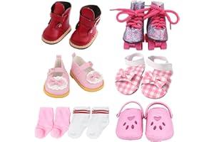 WIYDSHA 18 inch Doll Shoes - 5 Pairs of Different Types (Boots/Roller Skates/Sandals/Clogs) + 2 Pairs of Pink/White Socks 18 in Doll Accessories 18‘’Pink American Doll Accessories