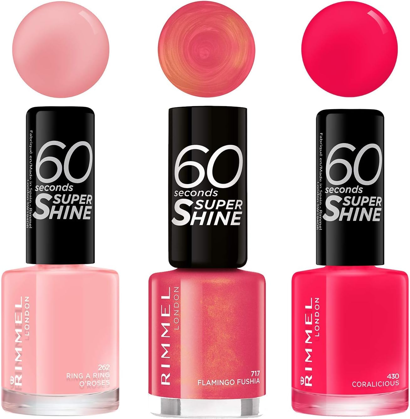 Rimmel 60 Seconds Super Shine Nail Polish Flamingo Fushia Ring A Ring O Roses Coralicious Pack Of 3 Amazon Co Uk Beauty
