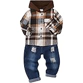 JOIMOCY Toddler Boy Clothes Baby Boys Fall Winter Outfits Plaid Hooded Sweatshirt Ripped Holes Jeans Set 2-5T