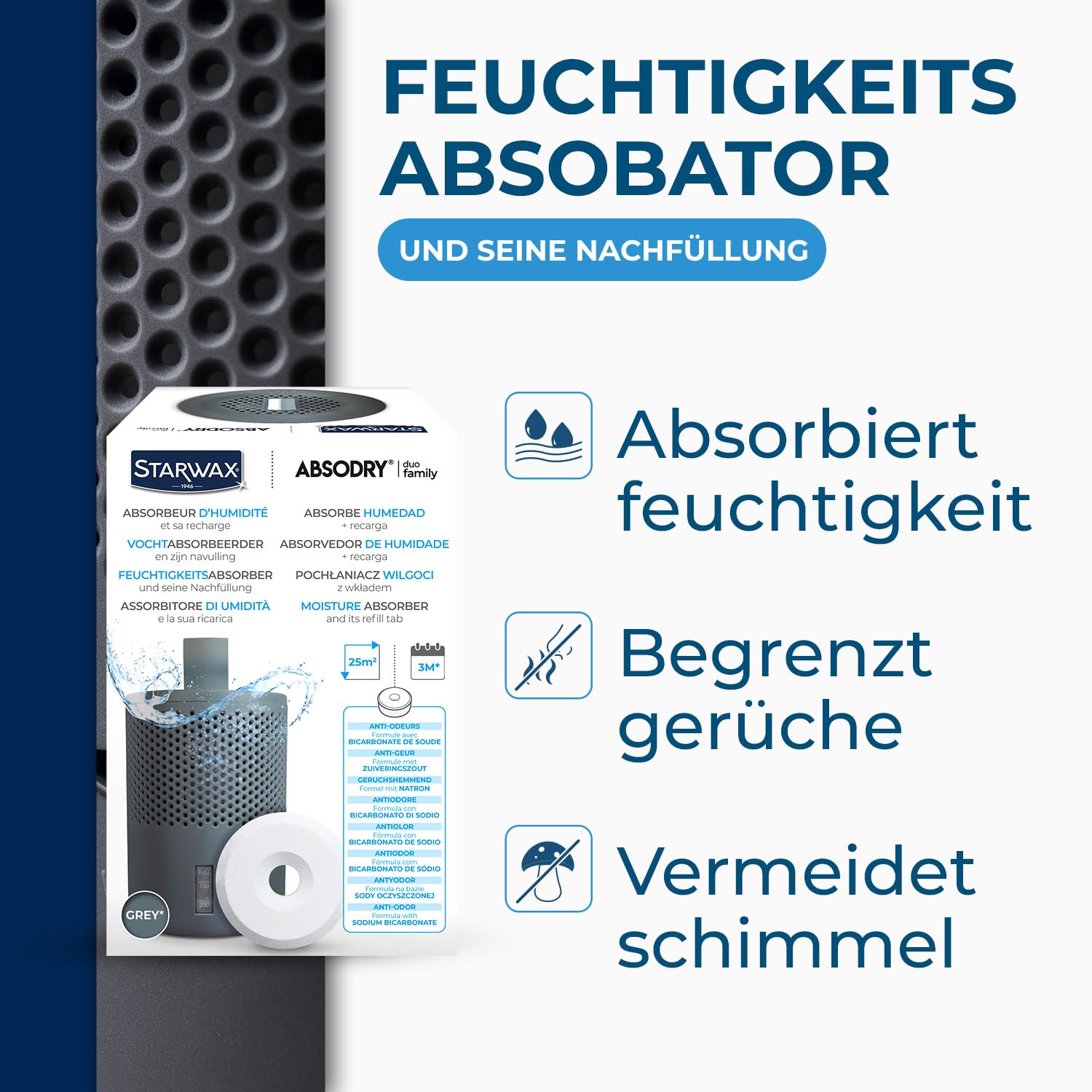 STARWAX - Luftentfeuchter und Entfeuchter-Tab 500 g - Absorbiert Feuchtigkeit und vermeidet Schimmel - Anti-Geruch - Füllstandsanzeige - Geräuschlos - 1 Tab behandelt 25 m² für ca. 3 Monate. 2