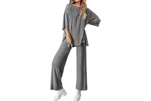 BTFBM Women 2 Piece Outfits Casual Loose Slit Short Sleeve Top Wide Leg Pants Matching Lounge Sets Tracksuit With Pocket