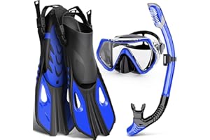 WONDSY Mask Fin Snorkel Set, Snorkeling Gear for Adults with Panoramic View Mask, Dry Top Snorkel, Adjustable Swim Fins and Travel Bag, Man Woman Snorkel Gear for Swimming Snorkeling Diving