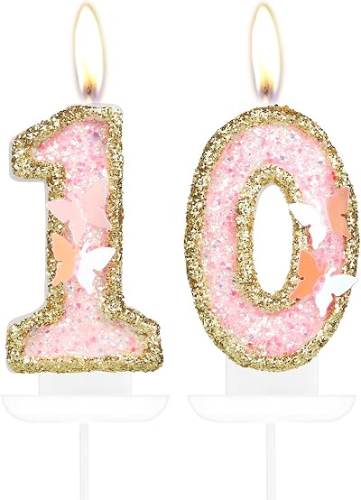 mciskin Pink Gold Butterfly 10th Birthday Candles Set 2 pcs Numeral 1 & 0