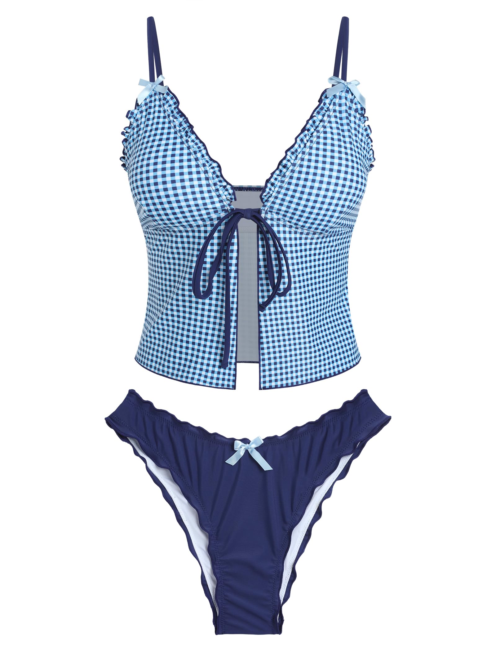 Photo 1 of ZAFUL Tankini Swimsuits for Women Smocked Ruffles Tie Front Bowknot Textured High Cut Tanga Tankini Set (D-Blue Plaid, S)