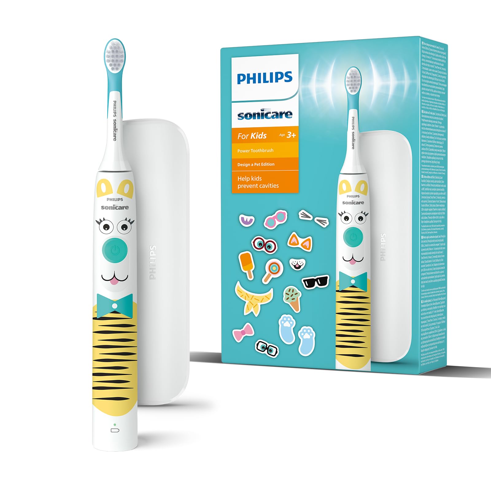 Philips Sonicare For Kids - Cepillo Dental Eléctrico Edición Design a Pet con Pegatinas de Mascotas para Niños, Estuche de Viaje Compacto y Cargador USB modelo HX3603/01