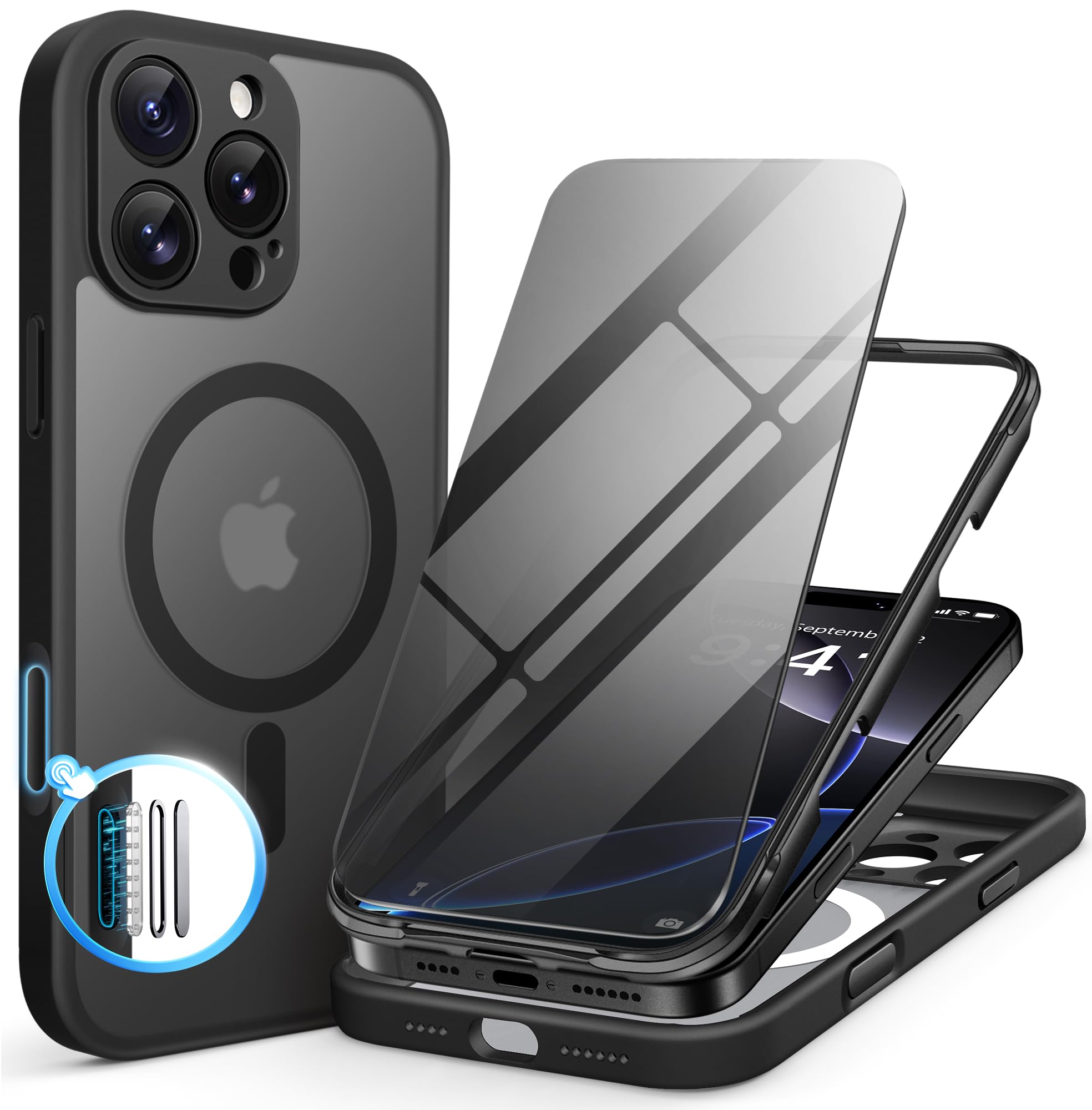 BERFY Magnetic for iPhone 16 Pro Max Case, Compatible with MagSafe, with Privacy Screen Protector, [Upgraded Camera Protection], 2-Layer Bumper Full Body Translucent Matte Phone Case 6.9", Black