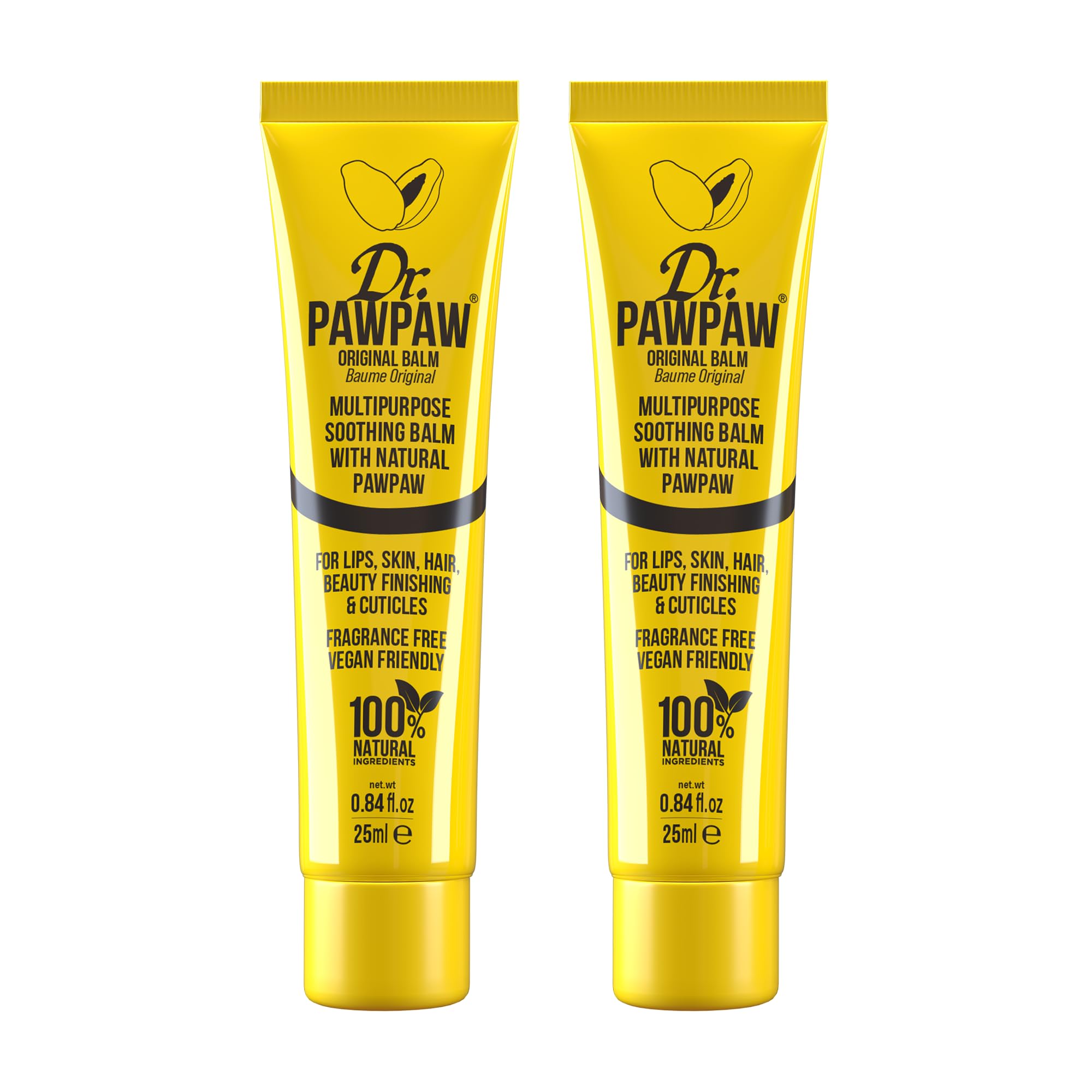Dr.PAWPAW Original Balm 2 x 25ml, Multi Purpose Natural Fragrance Free Pawpaw Balm, Vegan Hydrating Care for Lips Skin Hair Cuticles Nails and Beauty Finishing