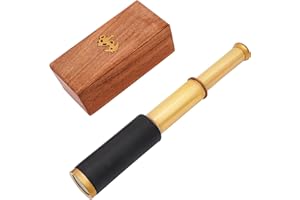 Mythrojan Brass Handheld Telescope 9" Mini Leather Brass Spyglass with Wooden Box - Pirate Telescope, Spyglass Collapsible Monocular Decorative Telescope Perfect for Gift