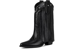 Bybmorto Fringe Cowboy Boots for Women – Mid Calf Cowgirl Boots with Star Studded, Pointed Toe and Chunky Heel, Perfect for Country Music Festivals