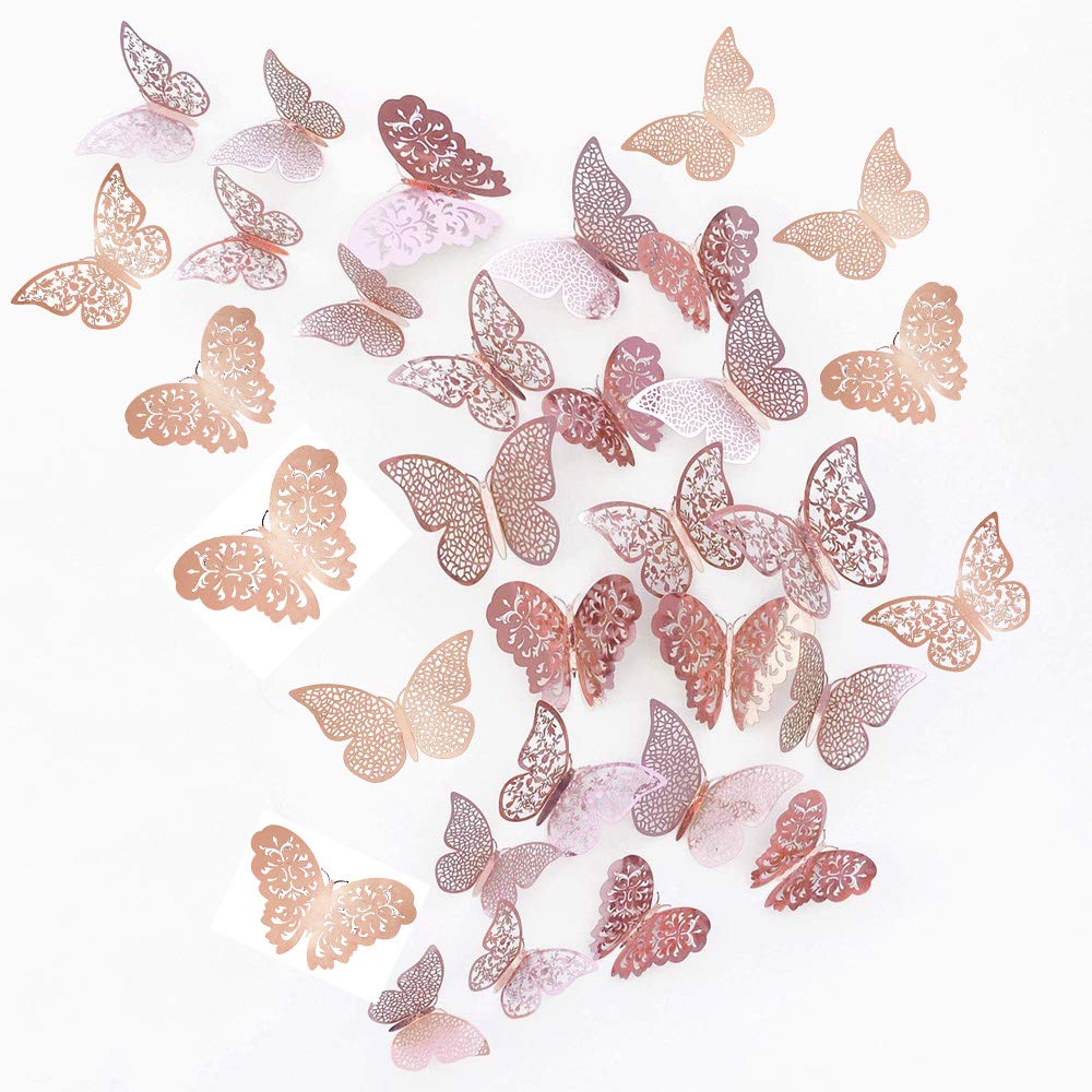 JUN-H 36pc 3D Butterfly Decorations DIY Wall Art Stickers Removable Decorative Paper Murals for Home Living Room (Rose Red)