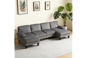 Karl home U-Shape Sectional Sofa Couch 111" Modern 4-Seat Sofa with Chaises Corduroy Fabric Upholstered Covertible Couch with Wood Grain Legs for Living Room, Reception Room, Apartment, Dark Gray