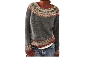 PETYCZEN Fair Isle Sweater Women Casual Long Sleeve Crew Neck Icelandic Sweater Fall Vintage Embroidered Knit Pullover Top