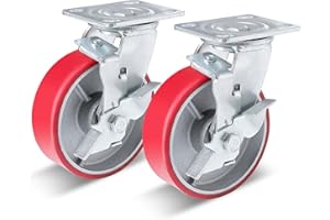 Nefish 6 Inch Industrial Casters Heavy Duty No Noise Polyurethane Wheel on Steel Hub, 1200 Lbs Load Capacity Per Swivel Casters with Brake for Toolbox Workbench (2 Pack)