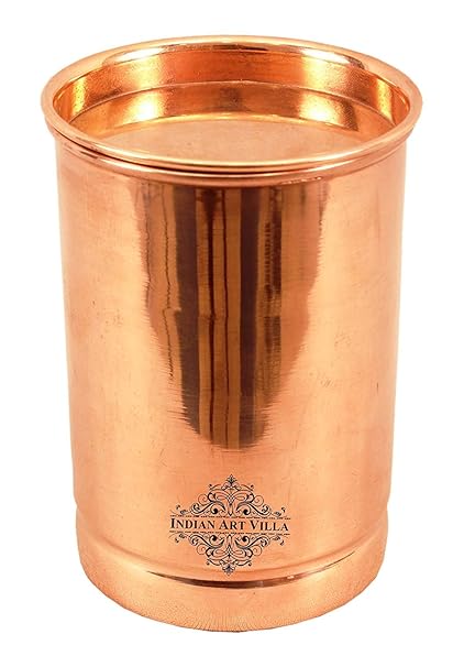 Indian Art Villa Pure Copper Glass With Lid, Plain Design Tumbler Cup For Water Storage, 300 Ml