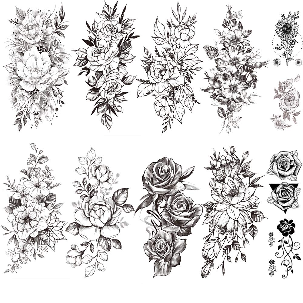 Yesallwas 12 Sheets Black Flower Tattoo Sleeves Temporary Tattoo Water Transfer Tattoo Sticker Peony Rose Tattoos Tattoo Girl Sexy Arm Tatto Body Art （B）