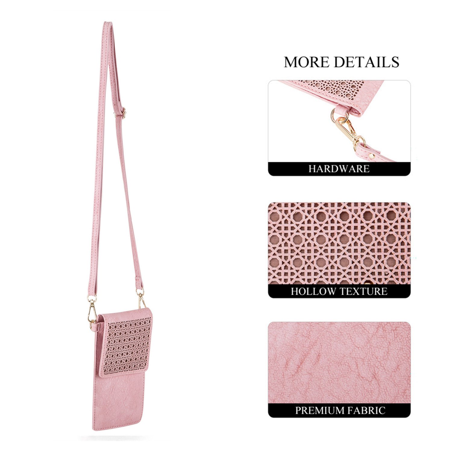 AnsTOP Women Hollow Texture Leather Small Crossbody Bag Cell Phone Pouch Handbag with 2 Shoulder Straps Pink