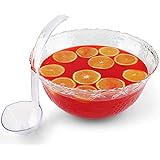 Pro Dispose Heavyweight Clear Plastic 2 Gallon Punch Bowl With 5 OZ Plastic Serving Ladle, Embroidered Design 8 Quart Serving