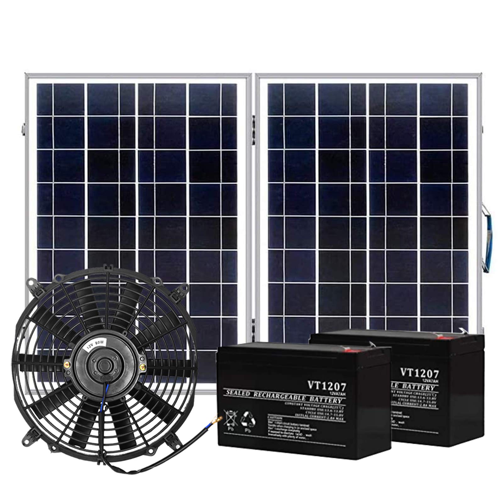 ECO-WORTHY 50W Solar Panel with Powerful 80W 12 inch Solar Attic Fan and 2pcs 7Ah Battery Backup, Co