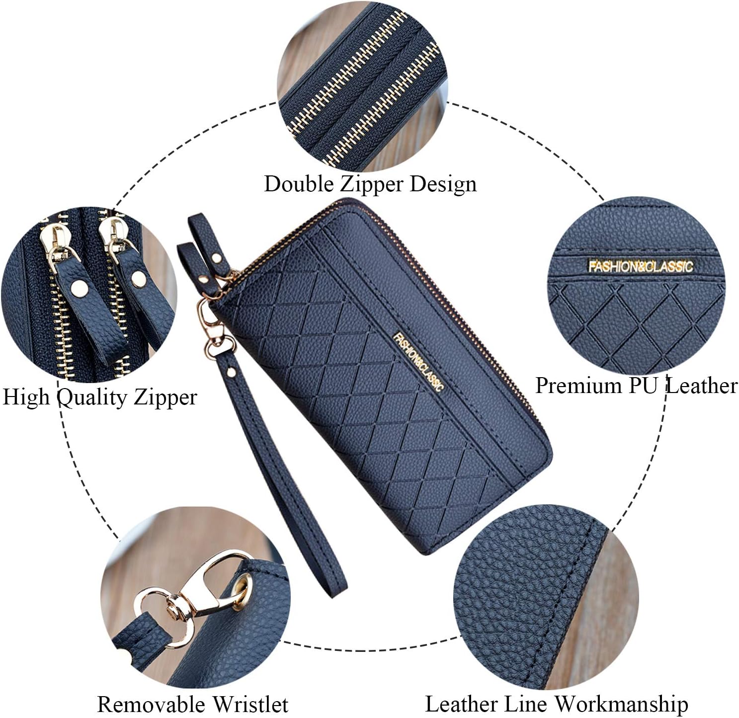 Yixuan Ladies Purse with Double Zipper Coin Purse PU Leather Phone Wallet for Women Large Capacity Long Clutch Wallet with Multiple Card Slots(Black1) - Image 3