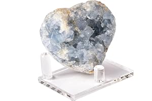 AMOYSTONE Natural Celestite Geode Blue Healing Crystals Heart Celestite Stone Raw Blue Quartz Large Celestite Crystals for Reiki, Home Decor with Plastic Stand 2.8"-3.2"