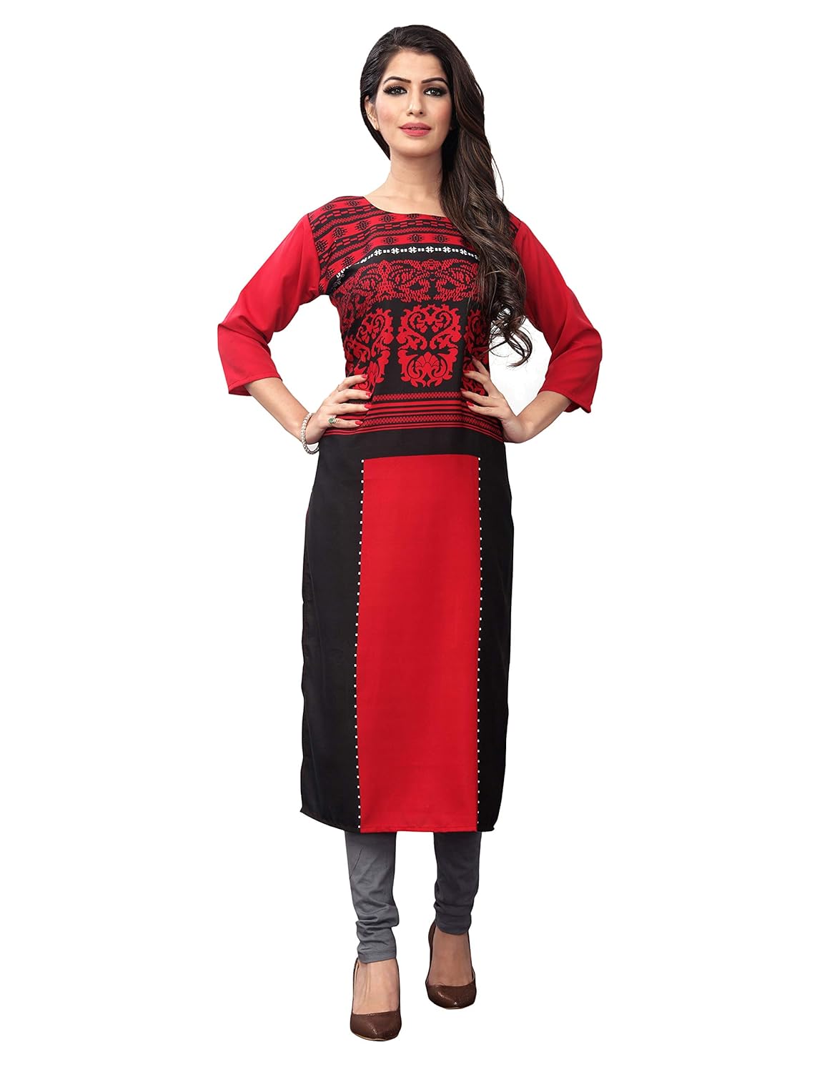 1 stop fashion women's red crepe knee long straight kurti