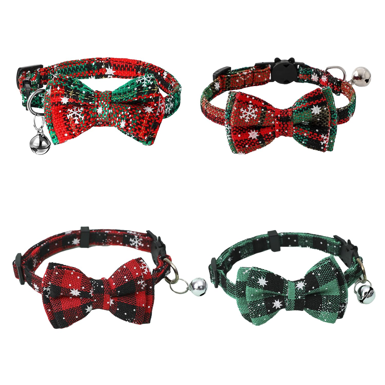 HAICN 4Pieces Christmas Plaid Pet Collars Adjustable Bow Tie Collars with Bells Detachable Cute Bow Tie Collars for Kitten Cats and Small Dogs