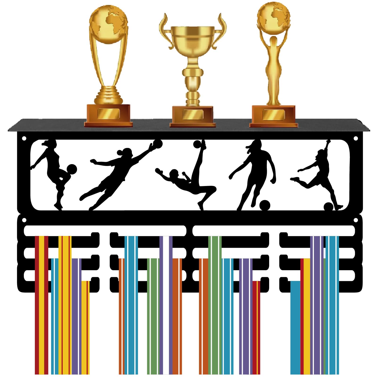 CREATCABIN Woman Football Medal Holder Trophy Shelf Medal Hanger Display with Shelf Stand Sports 4 Rows Wall Mount Hold 70+ Medals for Female Football Soccer Running Awards Rack 15.7 x 7.9 Inch