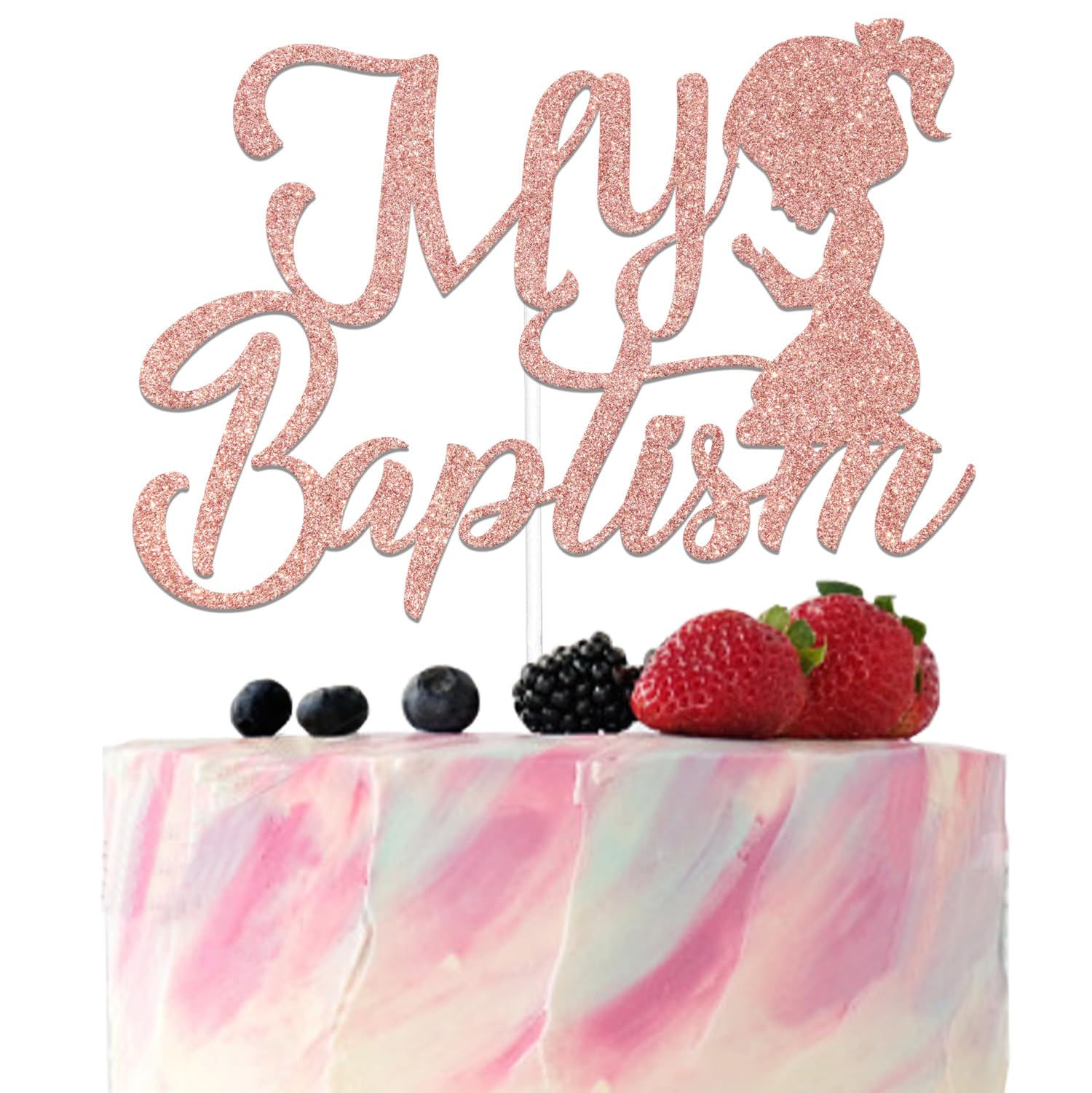 My Baptism Cake Topper - Christening Baby Shower Decorations - First Holy Communion Decoration Rose Gold Glitter