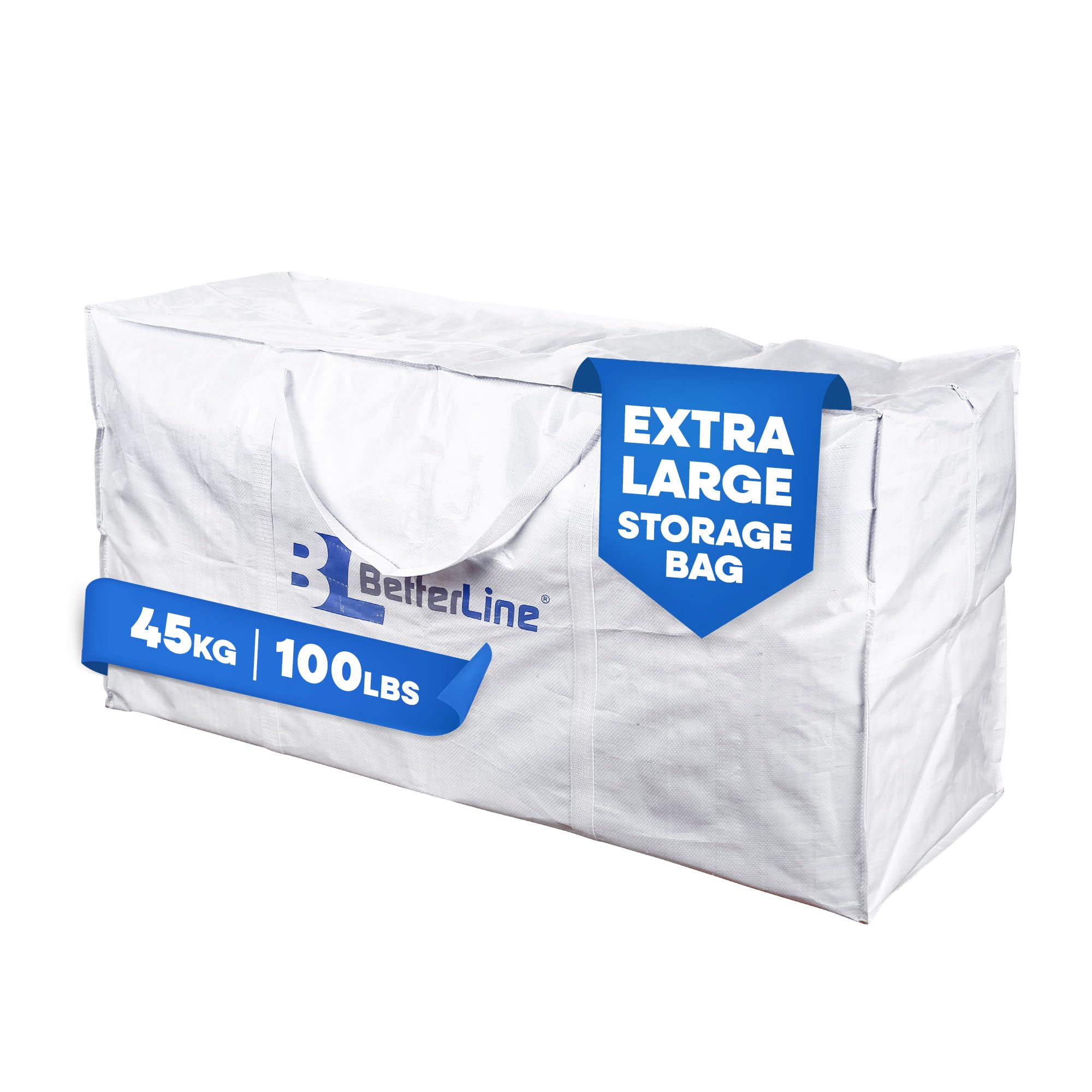 Extra Large Storage Bag - Heavy Duty 114 x 55 x 40 Centimeters Huge Tote with Max Load of 100 lbs. (45kg) - Tear-resistant & Water-resistant Polypropylene Woven Cloth, With Zippers
