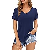 Amoretu Womens Tshirts V Neck Short Sleeve Tops Tee Solid Color Blouse