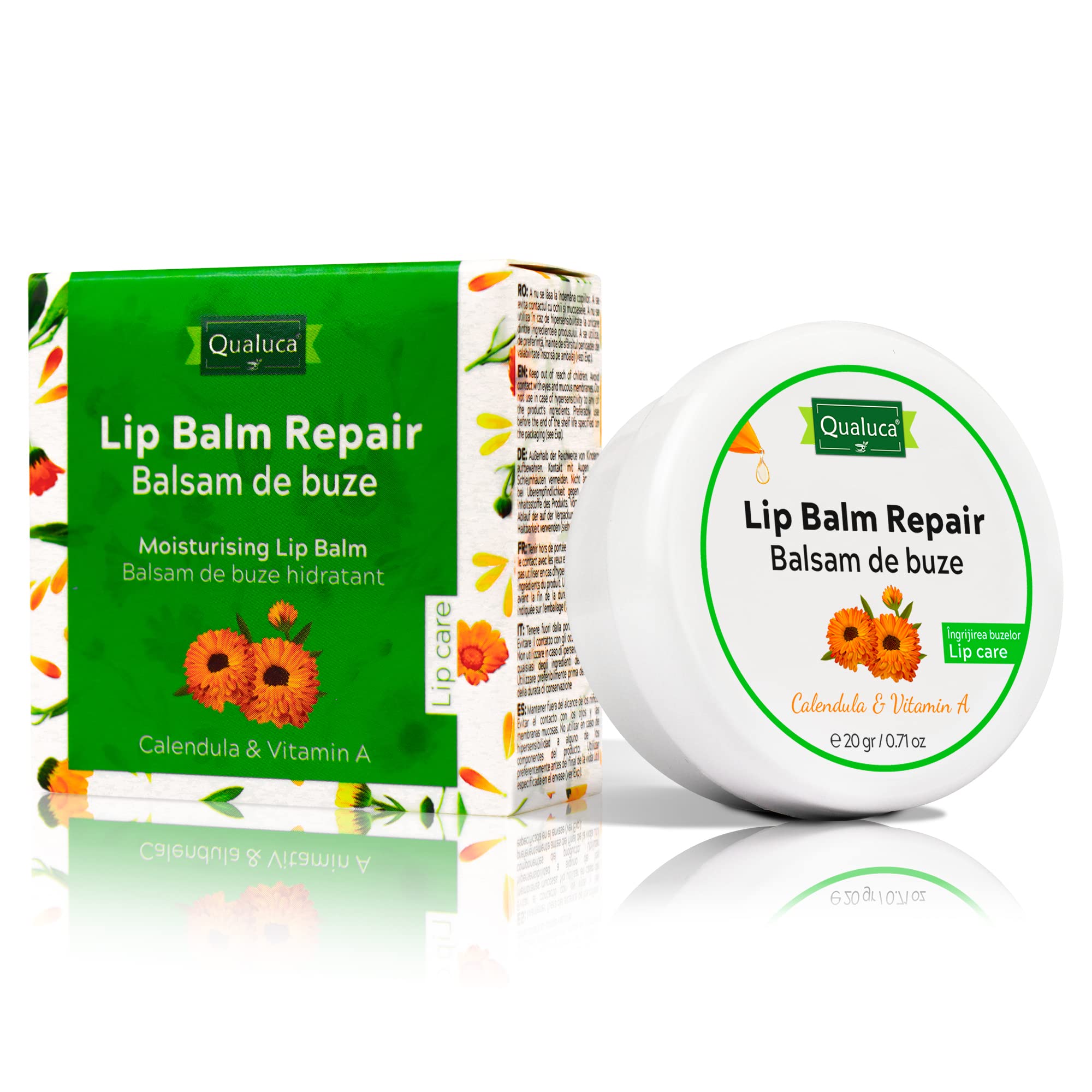 Qualuca Lip Balm with Calendula and Vitamin A, for Dry and Cracked Lips, 20g