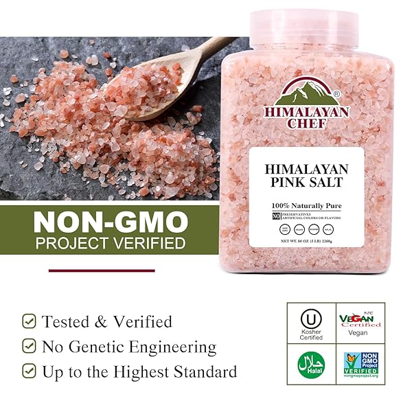 HIMALAYAN CHEF PINK HIMALAYAN SALT COARSE GRAIN, 5 LBS PLASTIC JAR – PURE, NATURAL, KOSHER, MINERAL-RICH, IDEAL FOR GRINDER REFILLS, COOKING, SEASONING