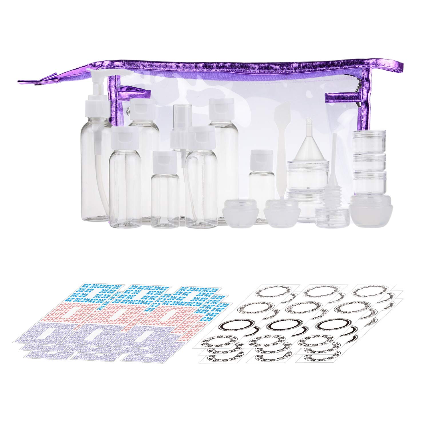 Kare & Kind Travel Bottle Set - Refillable - TSA/Airline Approved - 8 Bottles and 9 Jars - 3 Tools (Pipette, Funnel and Mini Spatula) — image 1
