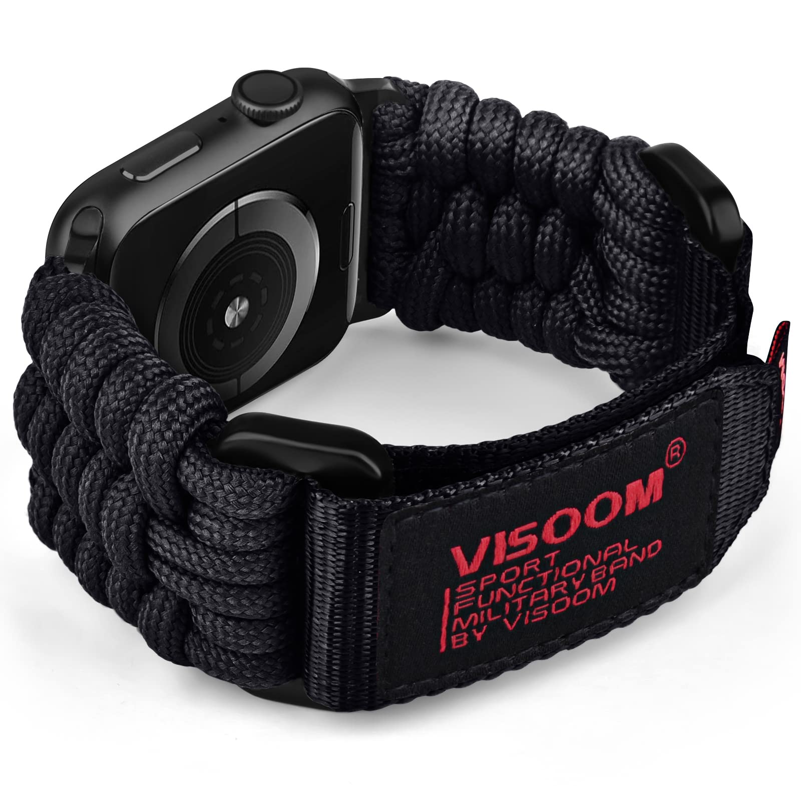 VISOOM Nylon Sport Watch Band Compatible with Apple Watch Straps 46mm 42mm 44mm 45mm 49mm, Braided Paracord Loop iWatch Replacement Straps for Series 10 9 8 7 6 5 4 3 2 1 SE Ultra 2 1,Black-L