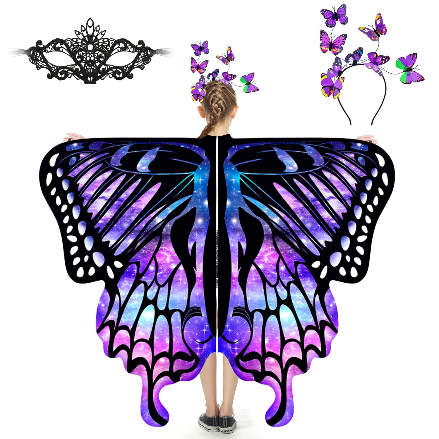 plainshe Butterfly Wings for Girls, Butterfly Costume for Halloween, Fairy Wing Kids, 3PCS Butterfly Cape Set (#030)