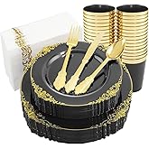 Nervure 175pcs Clear Black Plastic Plates - Gold Plastic Dinnerware Set for 25 Guests include 50 Disposable Plates,75 Gold Silverware,25 Cups,25 Napkins Perfect for Party&Independence Day