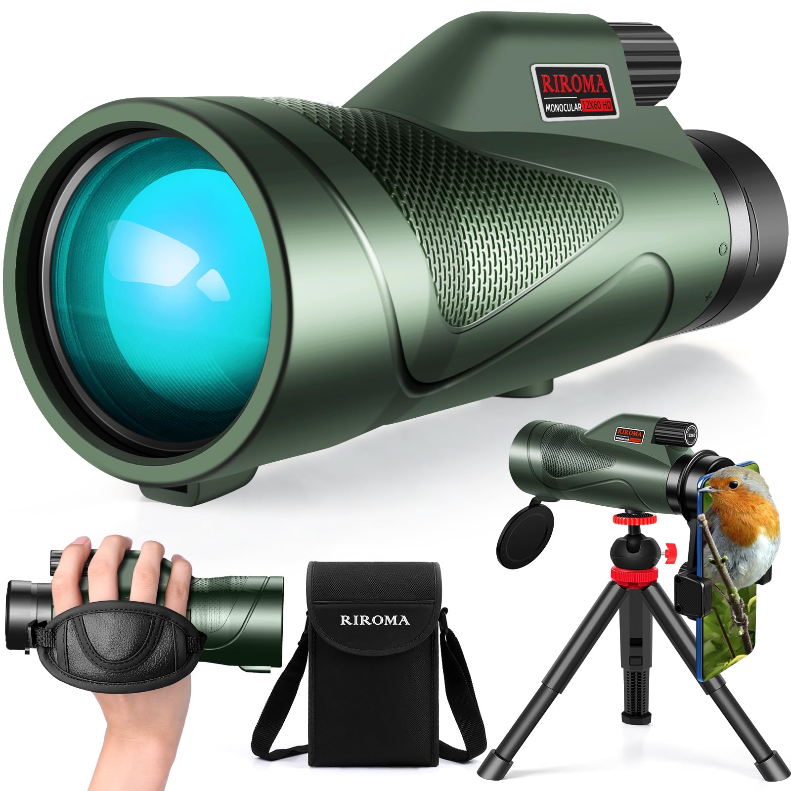Photo 1 of 12x60 HD Monocular Telescope with Smartphone Adapter Tripod & Portable Bag, Larger Night Vision Monoculars for Adults with BAK4 Prism & FMC Lens, Suitable for Bird Watching Hunting Hiking Camping