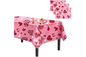 CAKKA Valentines Day Tablecloth Plastic 54x108 Inch, 3Pack Disposable Pink Heart Tablecloth, Rectangle Valentine Table Cloth Table Cover for Valentine’s Day Wedding Decor Decoration
