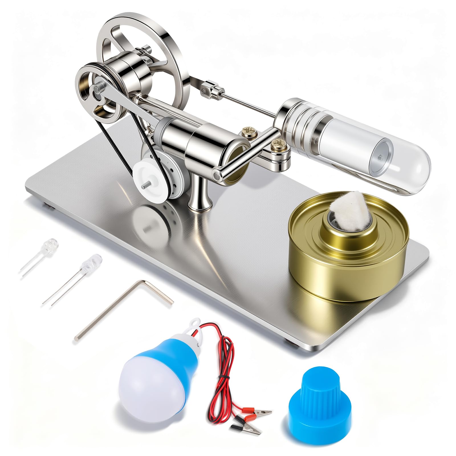 Stirling Engine Kit, Mini Hot Air Single Cylinder Steam Engine Model Building Kits, Electricity LED Generator Motor Model Science Education Kit for Students, Birthday, Christmas, New Year Gift