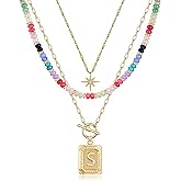 MJartoria Layered Initial Necklaces for Women Trendy, 14K Gold Plated Brass Simple Star Choker Square Letter Pendant Necklace, Colorful Beaded Necklaces Jewelry Gifts