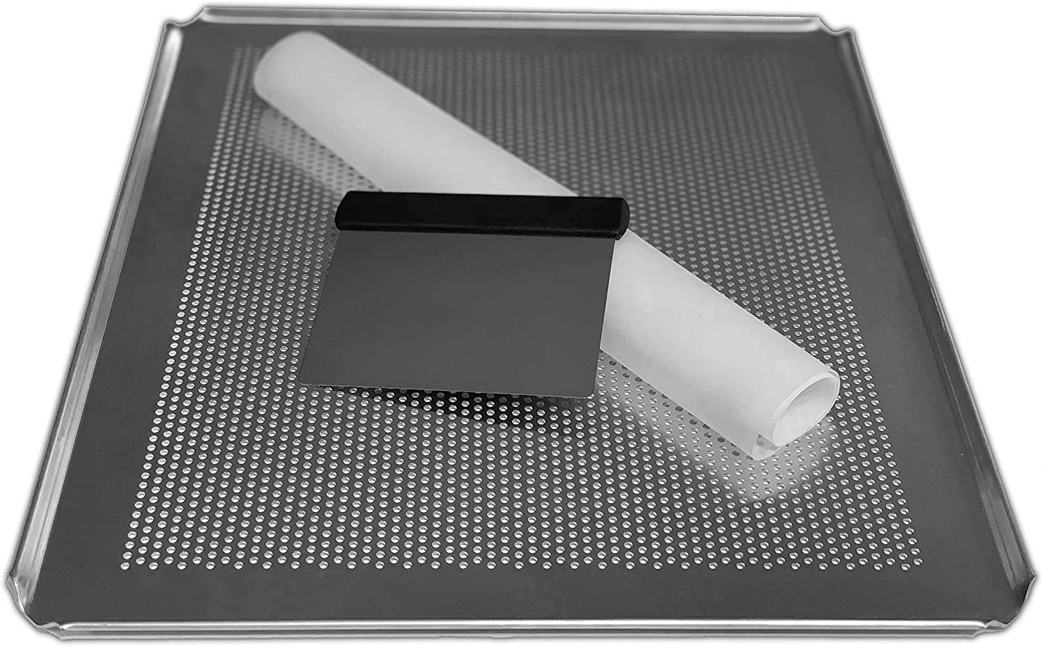 LEHRMANN 3-Piece Baking Set - Baking Tray 46.5 x 37.5 cm Perforated Silicone Mat, Dough Scraper Stainless Steel for Bread Baking at Home