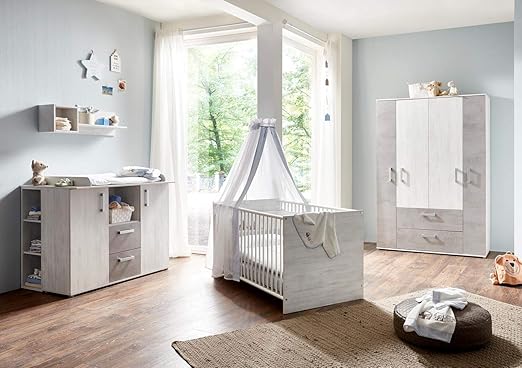 Lifestyle4living Babyzimmer 4 Teile Komplett Set In Weiss Holzoptik Graue Absetzungen Modernes Kinderzimmer Fur Jungen Und Madchen Amazon De Kuche Haushalt