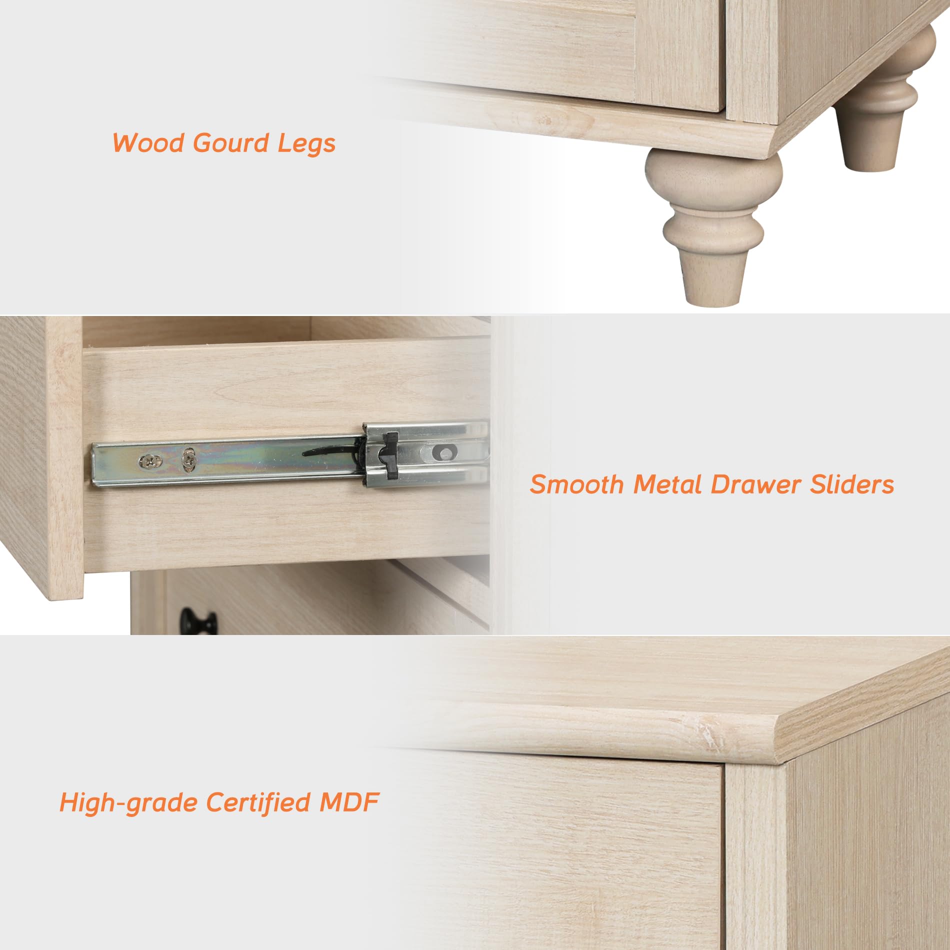 Close-up image showing the smooth metal drawer slides and the high-grade certified MDF material of the dresser, along with the decorative wood gourd legs.