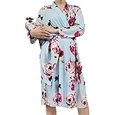 SUFEINI Maternity Robe and Matching Baby Swaddle Blanket Set, Mommy Robe with Receiving Blanket Girls Boys Sleepwear