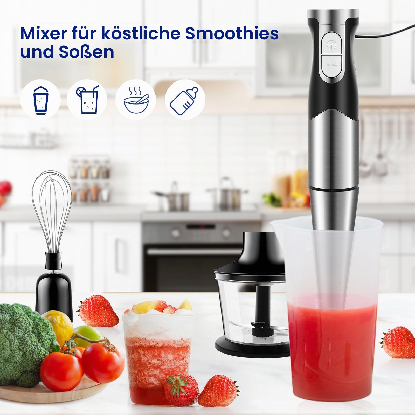 Stabmixer Set 6 in 1 Edelstahl 1200W für Babynahrung Salate Suppen Gemüse 7