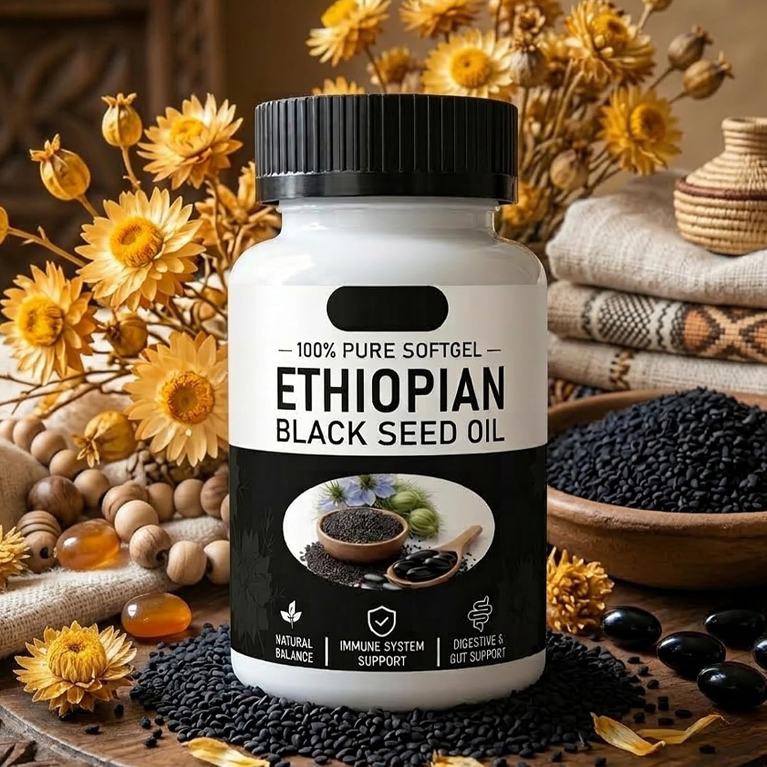 Ethiopian Black Seed Oil,Ethiopian Black Seed Oil,Non-GMO,Gluten-Free,60 Capsules (1 bottle)