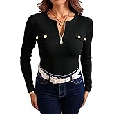 winkbay Women's Long Sleeve Fitted Tops Dressy Casual Zipper Front Ribbed Knit T Shirts Work Office Outfits